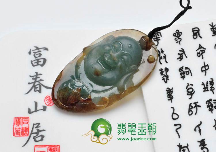 冰种青色带褐黄翡缅甸翡翠笑佛头挂件