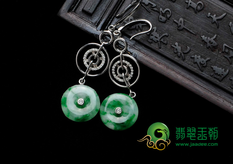 糯冰种阳绿缅甸翡翠包白金平安扣耳坠（真钻）