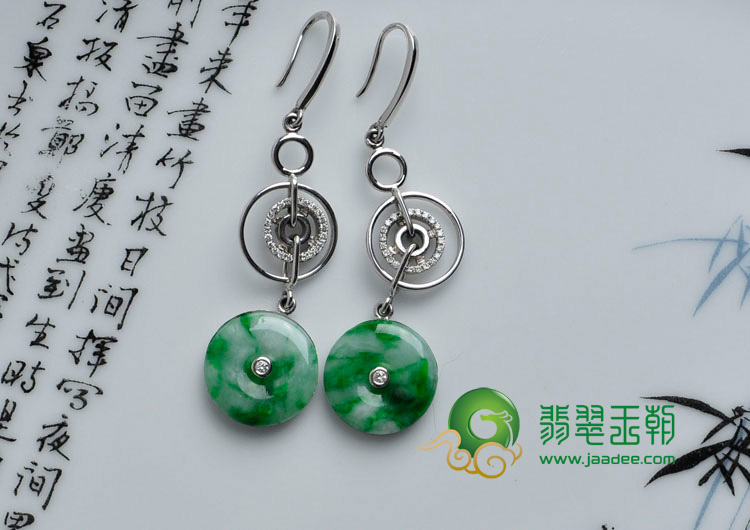 糯冰种阳绿缅甸翡翠包白金平安扣耳坠（真钻）