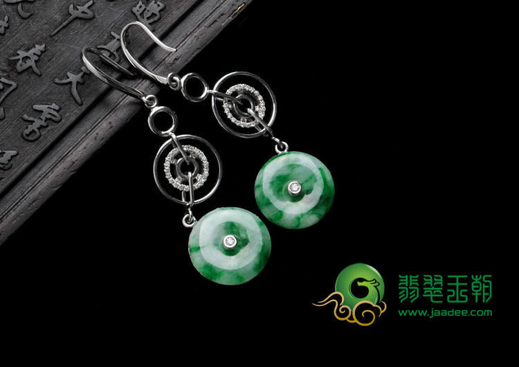 糯冰种阳绿缅甸翡翠包白金平安扣耳坠（真钻）