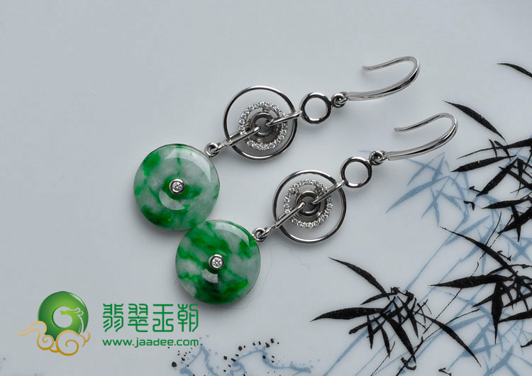 糯冰种阳绿缅甸翡翠包白金平安扣耳坠（真钻）