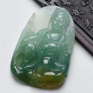 糯冰种蓝水带黄翡缅甸翡翠观音挂件