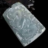 冰种晴水略带黄翡缅甸翡翠龙牌挂件
