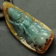 糯冰种黄翡飘花缅甸翡翠“达摩渡海”挂件