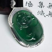 冰种油青缅甸翡翠包白金玉佛胸坠（真钻）