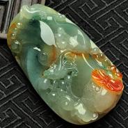 糯冰种红黄翡飘花缅甸翡翠三鹊报喜挂件