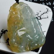 冰种黄翡略飘花缅甸翡翠凤凰观音挂件