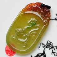 冰种红黄翡略飘翠缅甸翡翠草龙牌挂件