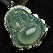 冰种晴水缅甸翡翠镶白金玉佛胸坠