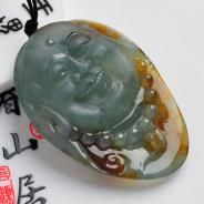 冰种青色带褐黄翡缅甸翡翠笑佛头挂件