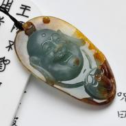 冰种青色带褐黄翡缅甸翡翠笑佛头挂件