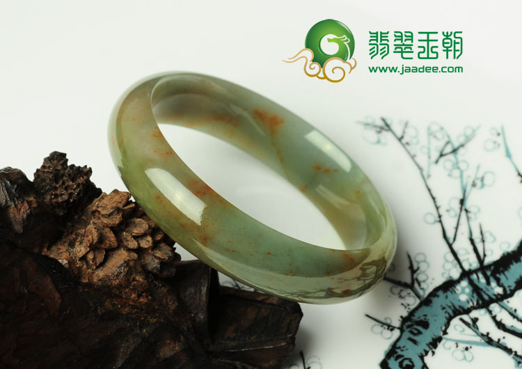 糯冰种褐黄翡飘红花缅甸翡翠手镯（58.9mm）