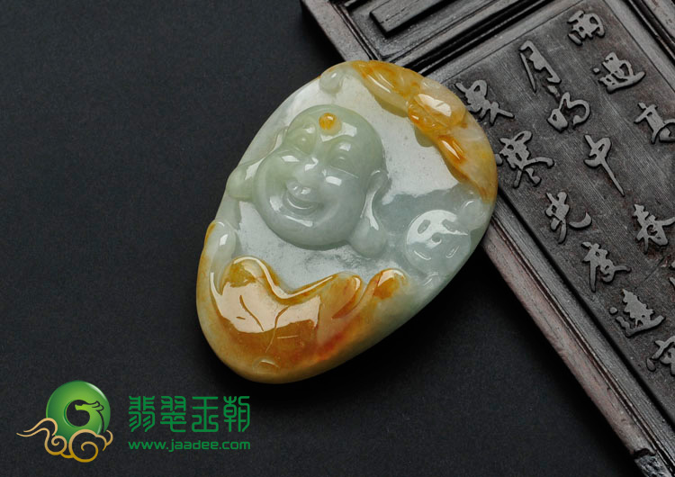 糯冰种黄翡缅甸翡翠笑佛头挂件