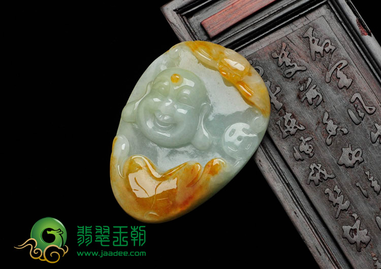 糯冰种黄翡缅甸翡翠笑佛头挂件