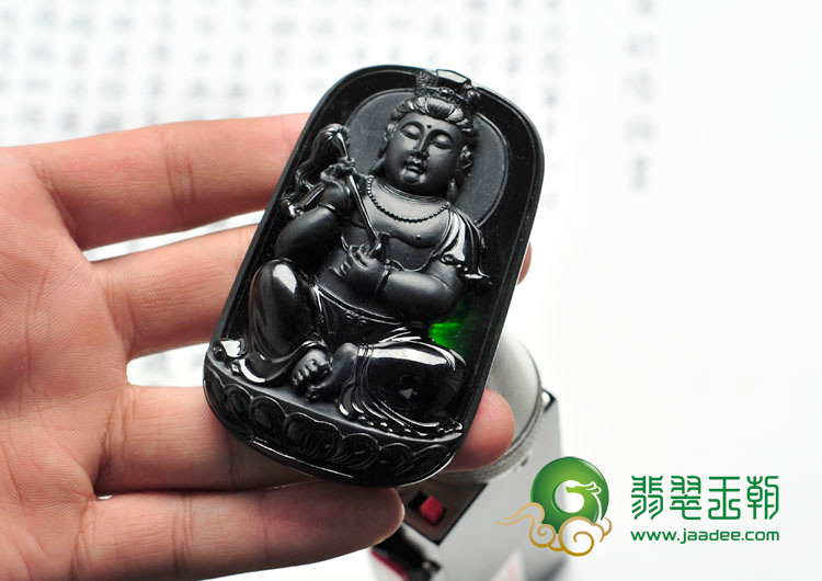 冰种墨翠缅甸翡翠佛尘观音挂件