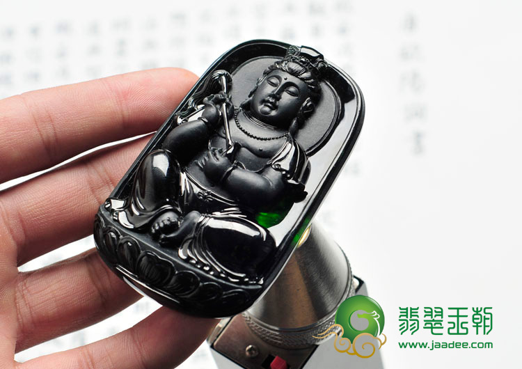 冰种墨翠缅甸翡翠佛尘观音挂件