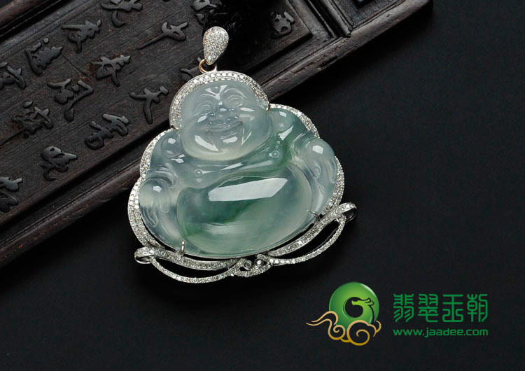 冰种飘花缅甸翡翠镶白金玉佛胸坠（真钻）