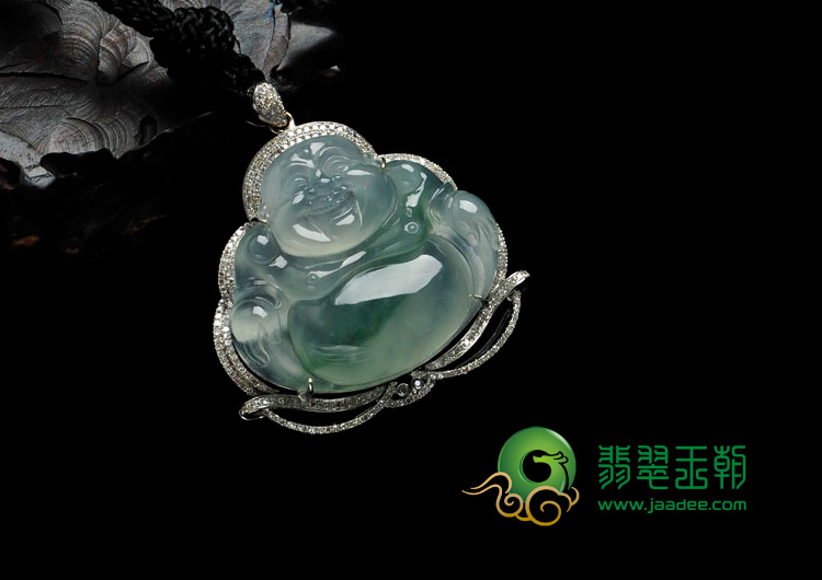 冰种飘花缅甸翡翠镶白金玉佛胸坠（真钻）