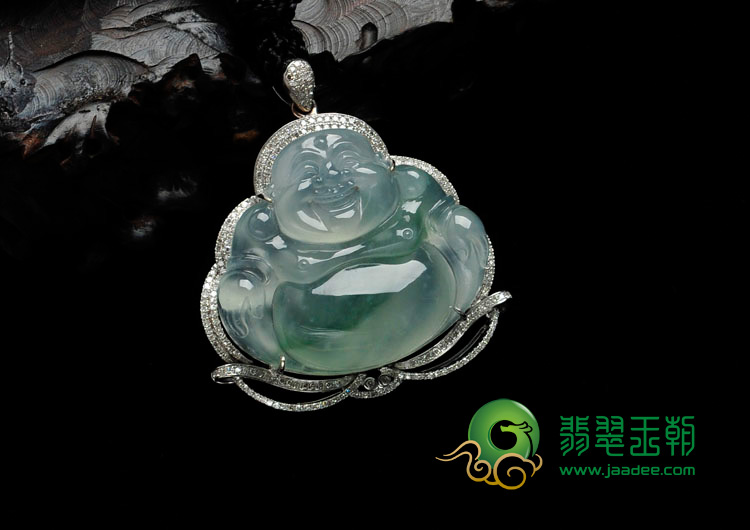 冰种飘花缅甸翡翠镶白金玉佛胸坠（真钻）