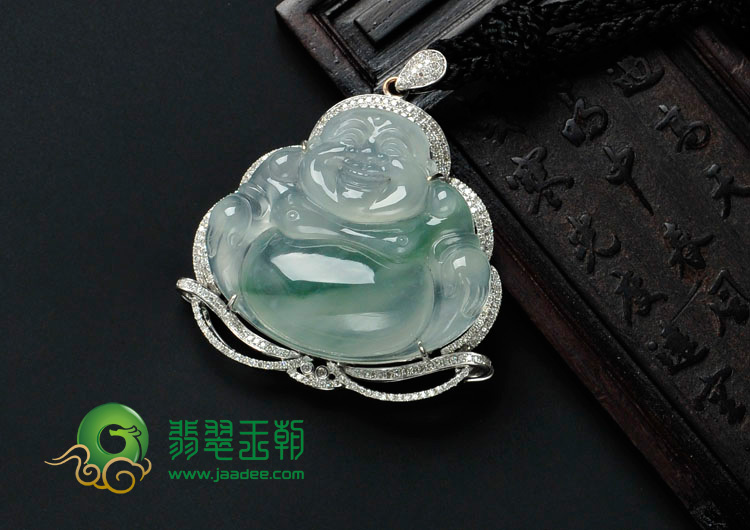 冰种飘花缅甸翡翠镶白金玉佛胸坠（真钻）