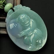 冰种春带彩缅甸翡翠童子拜寿挂件