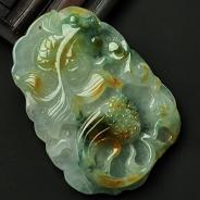 冰种黄翡飘花缅甸翡翠年年有余挂件