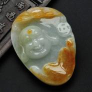 糯冰种黄翡缅甸翡翠笑佛头挂件