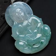 冰种晴水略飘花缅甸翡翠观音挂件