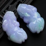 糯冰种春带彩缅甸翡翠貔貅挂件（一对）