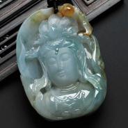 冰种晴水飘花略带黄翡缅甸翡翠观音头挂件