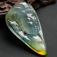 冰玻种黄翡飘花缅甸翡翠观音头挂件