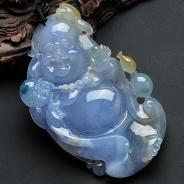 冰种紫罗兰飘花略带黄翡缅甸翡翠合家欢喜挂件