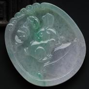 糯冰种飘翠缅甸翡翠玉兔牌挂件