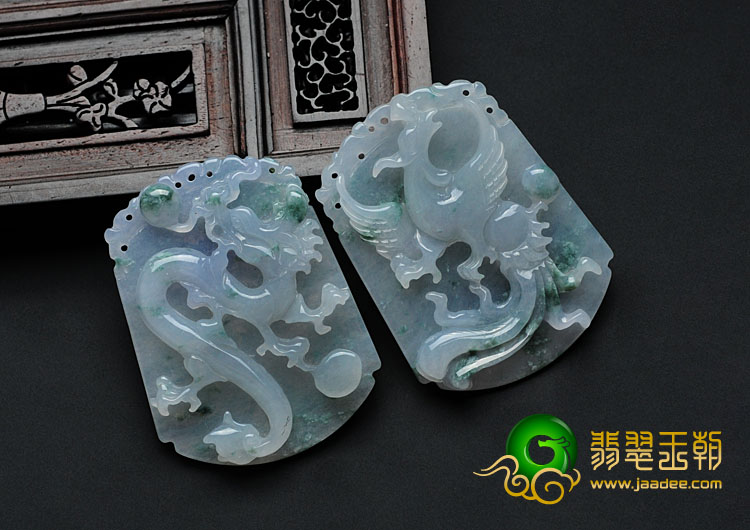 冰种飘花缅甸翡翠龙凤对佩挂件