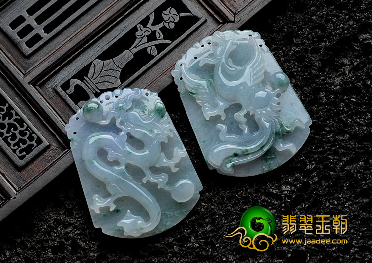 冰种飘花缅甸翡翠龙凤对佩挂件