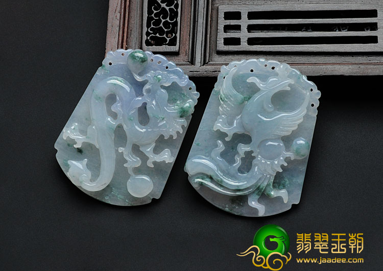 冰种飘花缅甸翡翠龙凤对佩挂件