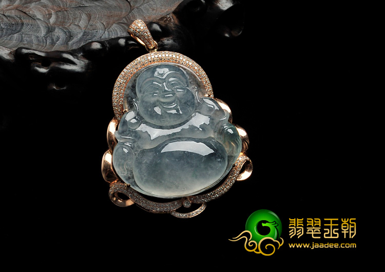 冰种飘花缅甸翡翠镶玫瑰金玉佛胸坠（真钻）