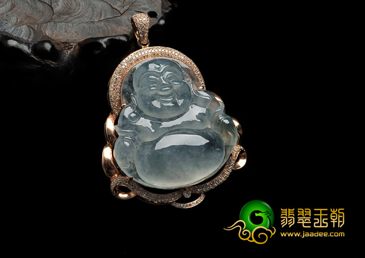 冰种飘花缅甸翡翠镶玫瑰金玉佛胸坠（真钻）