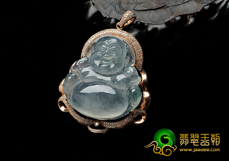 冰种飘花缅甸翡翠镶玫瑰金玉佛胸坠（真钻）