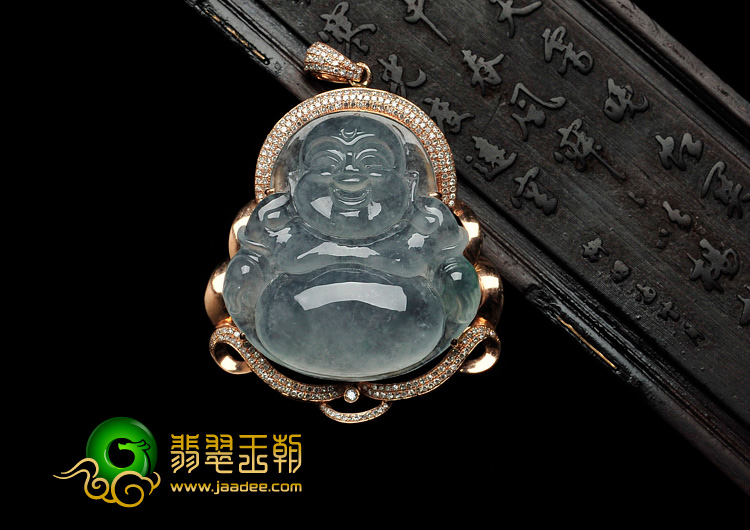冰种飘花缅甸翡翠镶玫瑰金玉佛胸坠（真钻）