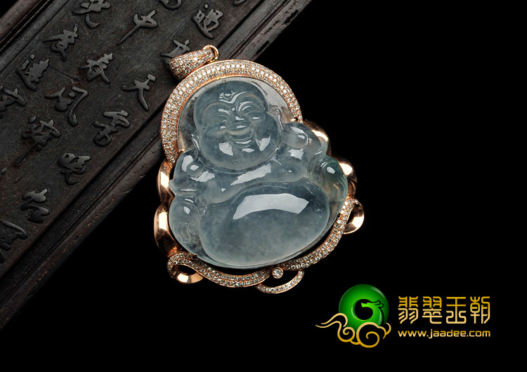 冰种飘花缅甸翡翠镶玫瑰金玉佛胸坠（真钻）