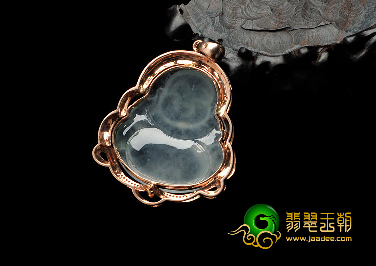 冰种飘花缅甸翡翠镶玫瑰金玉佛胸坠（真钻）