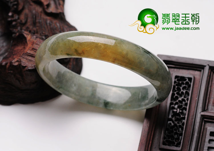 糯冰种黄翡飘花缅甸翡翠手镯（57mm）