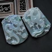 冰种飘花缅甸翡翠龙凤对佩挂件