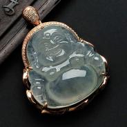 冰种晴水缅甸翡翠镶玫瑰金玉佛胸坠（真钻）