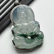 冰玻种飘花缅甸翡翠镶白金观音胸坠（真钻）