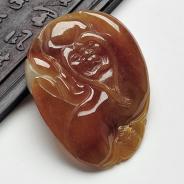 糯冰种红黄翡缅甸翡翠长眉罗汉挂件