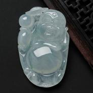 冰种晴水略飘花缅甸翡翠逍遥佛挂件