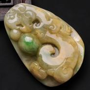 糯冰种黄加绿缅甸翡翠龙凤呈祥挂件