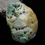 糯冰种褐黄翡飘花缅甸翡翠金玉满堂手玩件